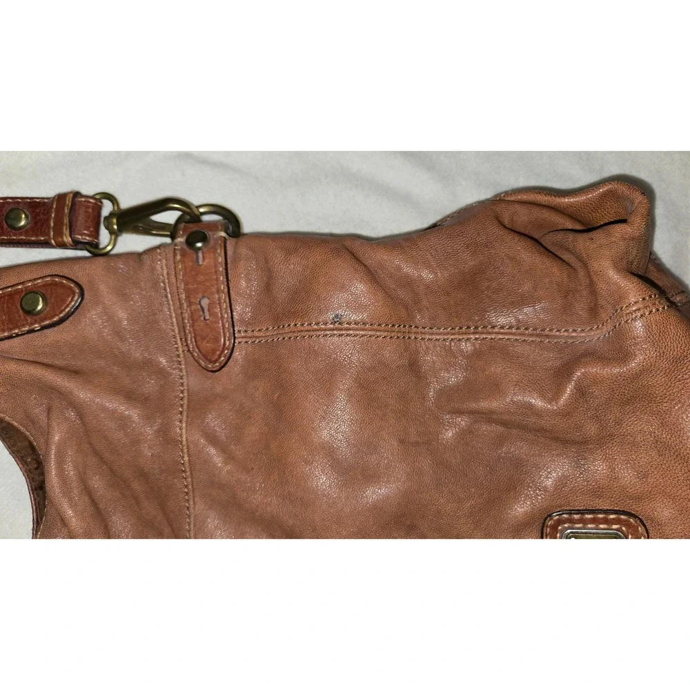Fossil Long Live Vintage Brown Leather Hobo Crossbody Bag Cognac Brass Hardware